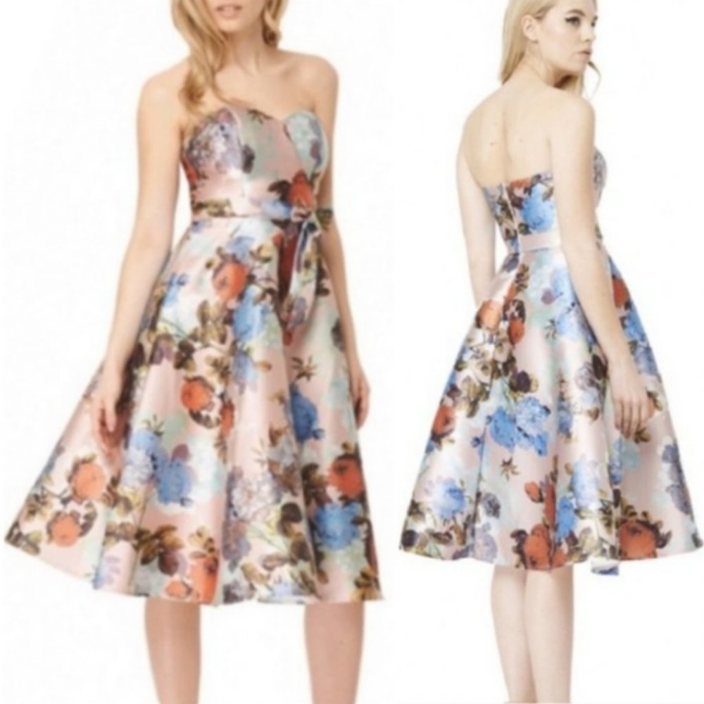 Chi Chi London Elmaya Strapless Sweetheart Pink Floral Bow Flare Midi Dress 6